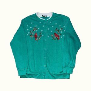 Vintage teal button up Christmas winter themed grandma sweater cardigan